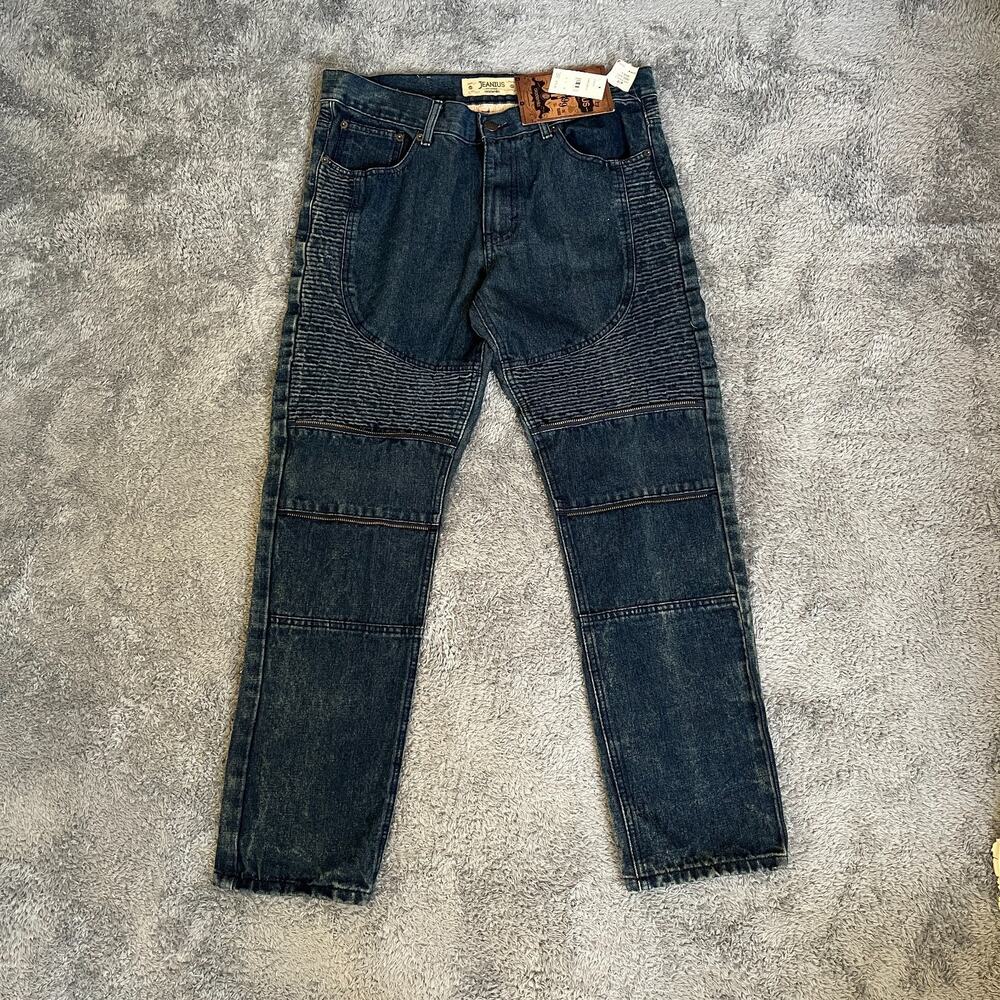 Jeanius by Akademiks Blue Denim Dark Wash Moto Biker Jeans Men's Size 32x30